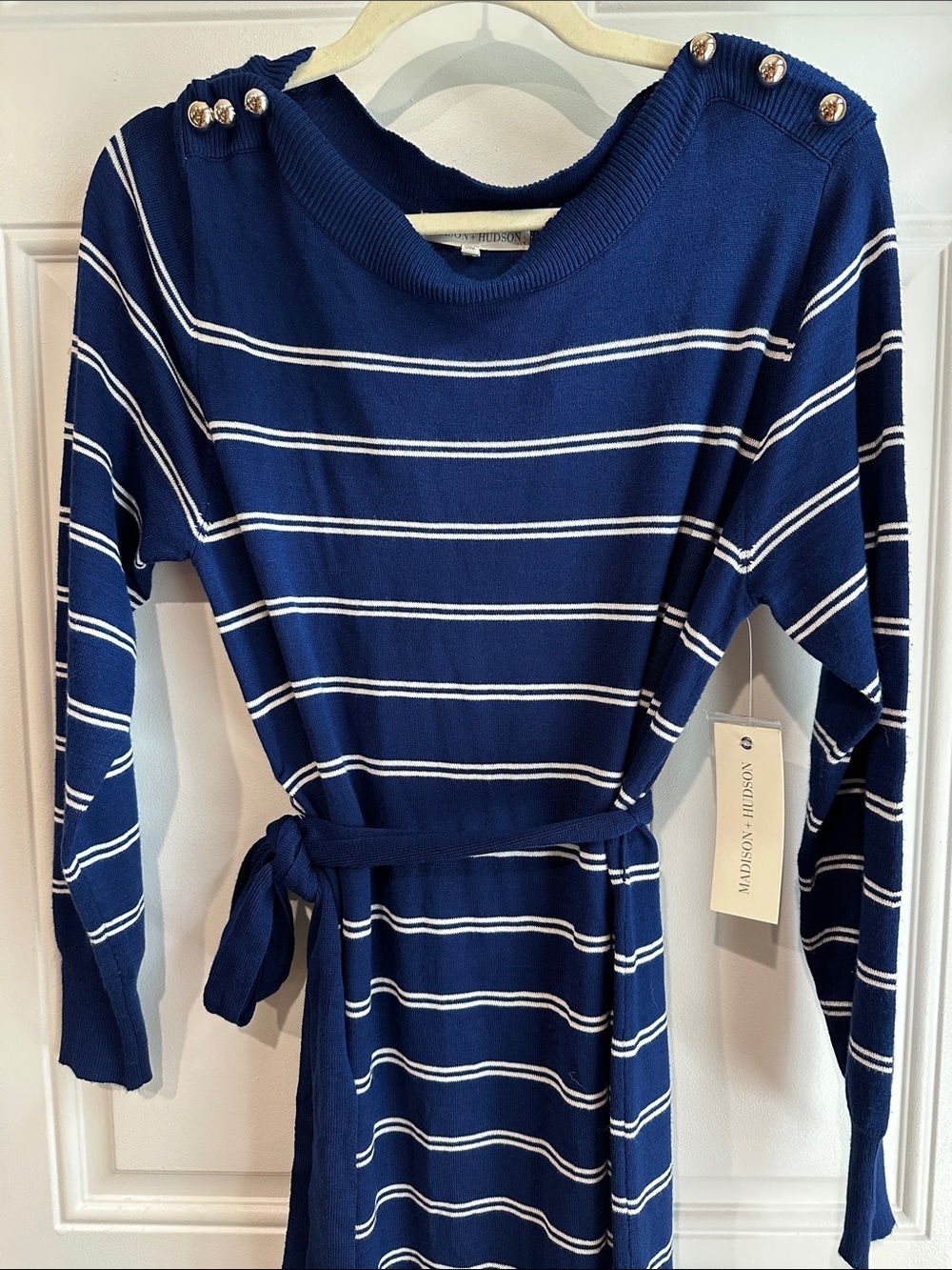 Navy and White Striped Belted Crewneck Sweater Dress